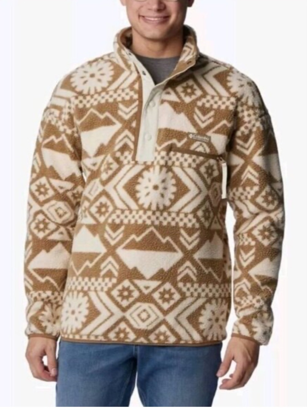 Columbia Men’s Zip-Up Fleece Pullover in Cream & Brown Geo Print XL